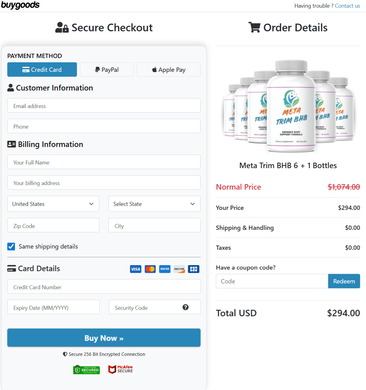 MetaTrim BHB  checkout page